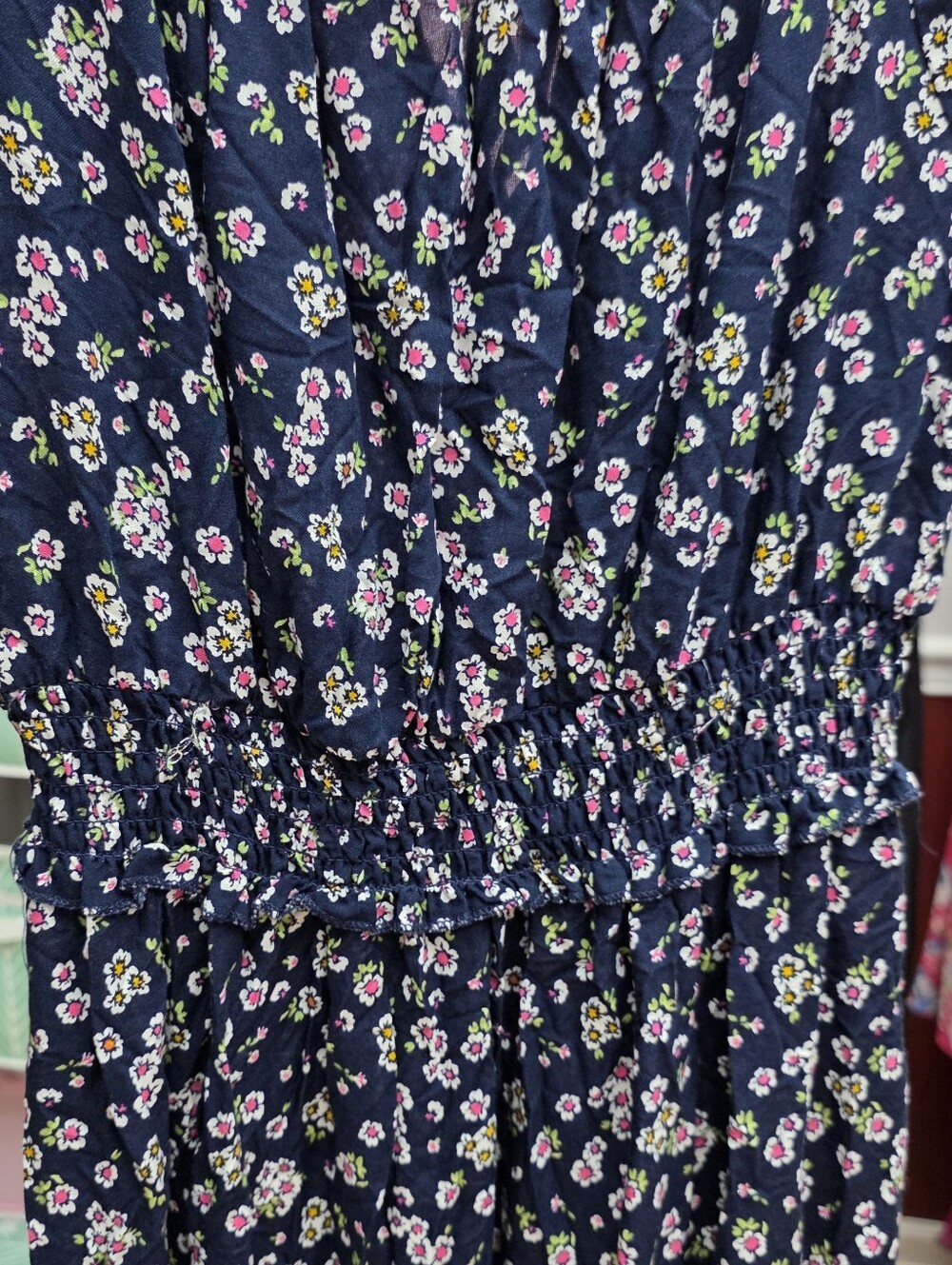 Birch And Stone Smocked Navy Floral Maxi Dress Raw Hem Sz Small - Picture 9 of 9